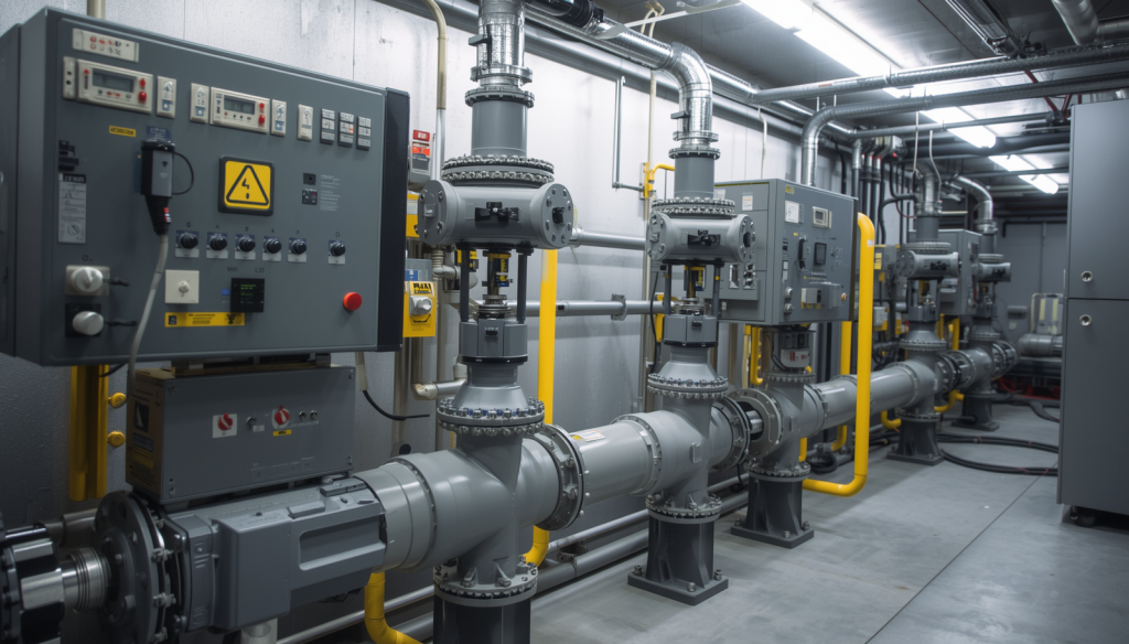 Automated valve control system, valve actuators and control panels, pneumatic and electric valve automation for oil and gas, industrial technology photography