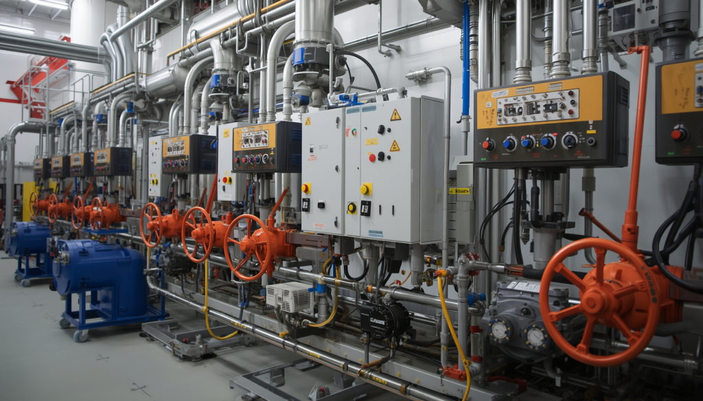 Automated valve control system, valve actuators and control panels, pneumatic and electric valve automation for oil and gas, industrial technology photography (2)