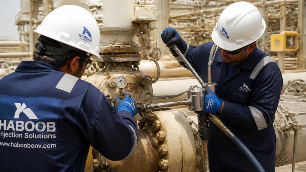 Haboob company technicians in branded coveralls performing valve injection and sealant repair under pressure, specialized equipment, oil and gas facility, professional photography (1)