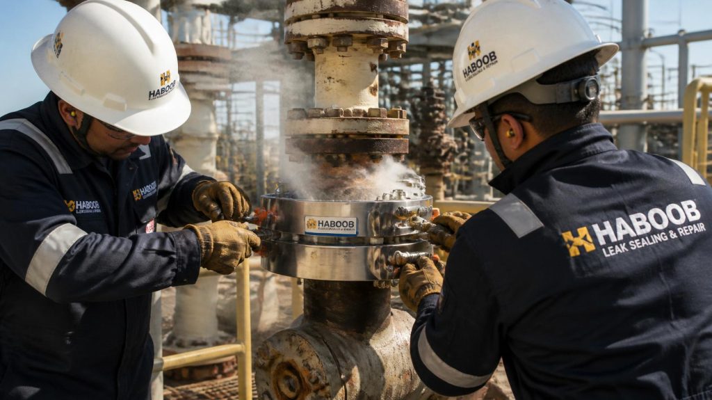 Haboob team in branded coveralls performing emergency leak sealing on pressurized valve, applying sealing clamp, online repair at oil and gas plant, urgent maintenance photography (1)