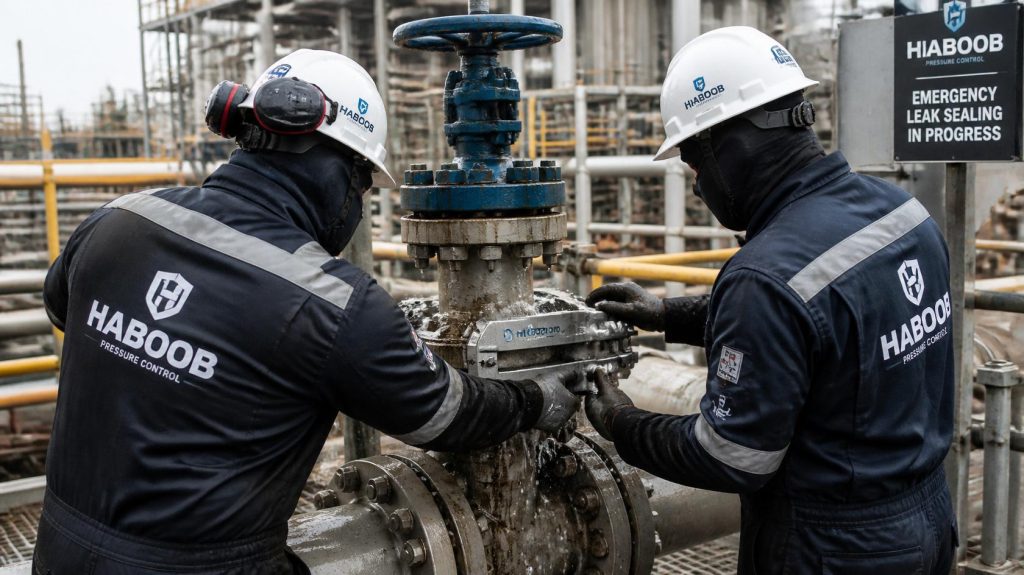 Haboob team in branded coveralls performing emergency leak sealing on pressurized valve, applying sealing clamp, online repair at oil and gas plant, urgent maintenance photography