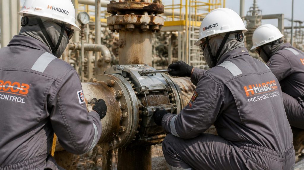 Haboob team in branded coveralls performing emergency leak sealing on pressurized valve, applying sealing clamp, online repair at oil and gas plant, urgent maintenance photography (2)