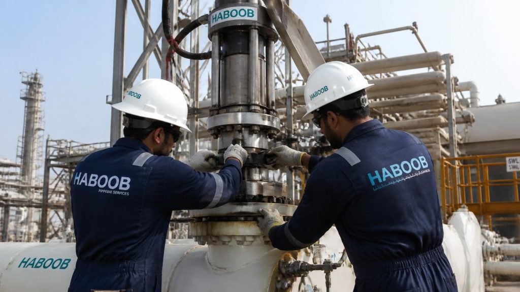 Haboob technicians in branded coveralls performing hot tapping operation, valve insertion under pressure, specialized hot tap machine, oil and gas plant, professional photography (1)