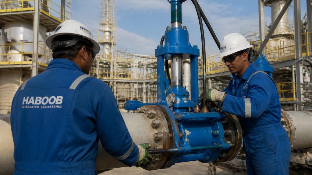 Haboob technicians in branded coveralls performing hot tapping operation, valve insertion under pressure, specialized hot tap machine, oil and gas plant, professional photography