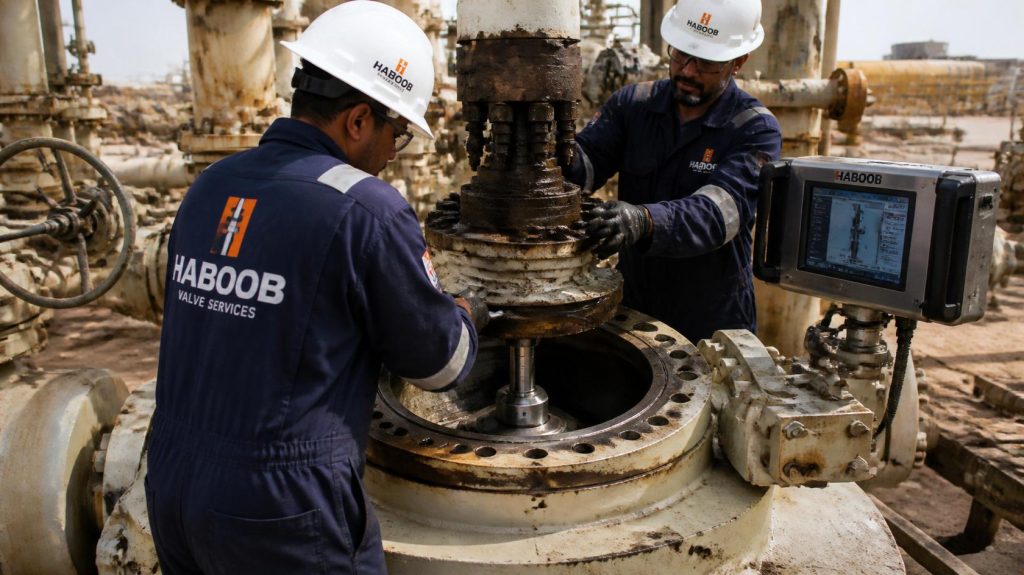 Haboob technicians in branded coveralls performing valve seat grinding and lapping under pressure, online machining equipment, live system repair at oil and gas facility, professional photography