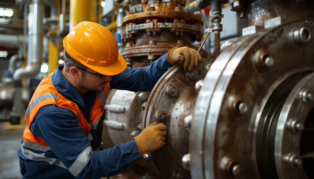Industrial valve maintenance and repair service, technician working on large industrial valve, oil and gas equipment, professional photography (1)