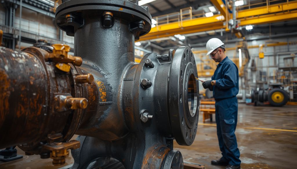 Industrial valve maintenance and repair service, technician working on large industrial valve, oil and gas equipment, professional photography