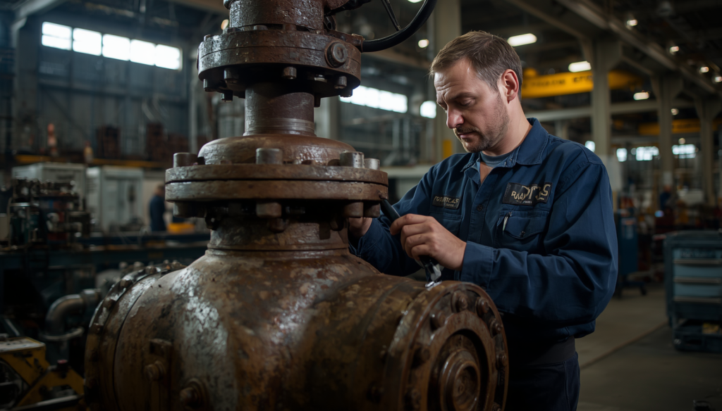 Industrial valve maintenance and repair service, technician working on large industrial valve, oil and gas equipment, professional photography (2)