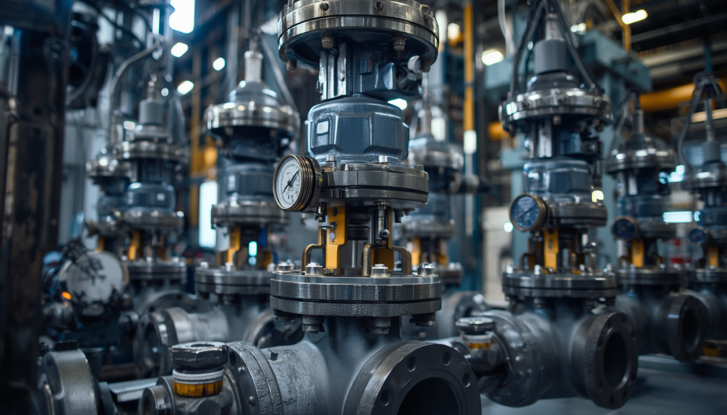 Industrial valve testing and inspection equipment, pressure testing station, quality control for oil and gas valves, professional industrial photography (1)