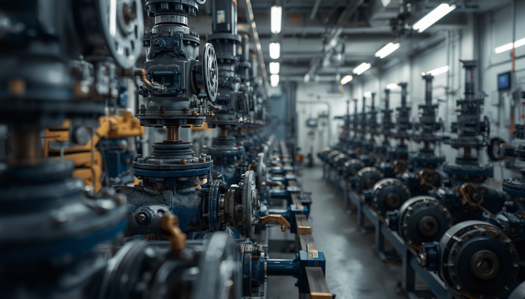 Industrial valve testing and inspection equipment, pressure testing station, quality control for oil and gas valves, professional industrial photography