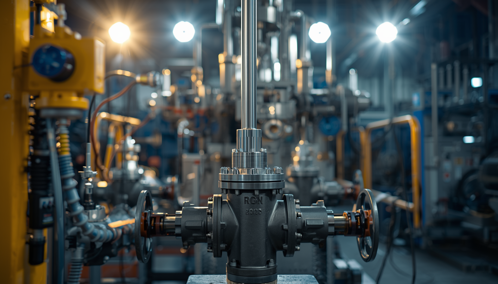 Industrial valve testing and inspection equipment, pressure testing station, quality control for oil and gas valves, professional industrial photography (2)