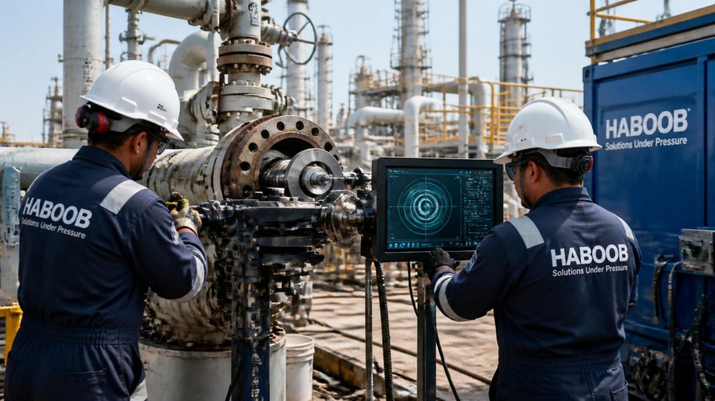 Technicians wearing coveralls with Haboob company name performing online valve repair under pressure at oil and gas plant, hot tapping equipment, live line maintenance, professional photography (1)
