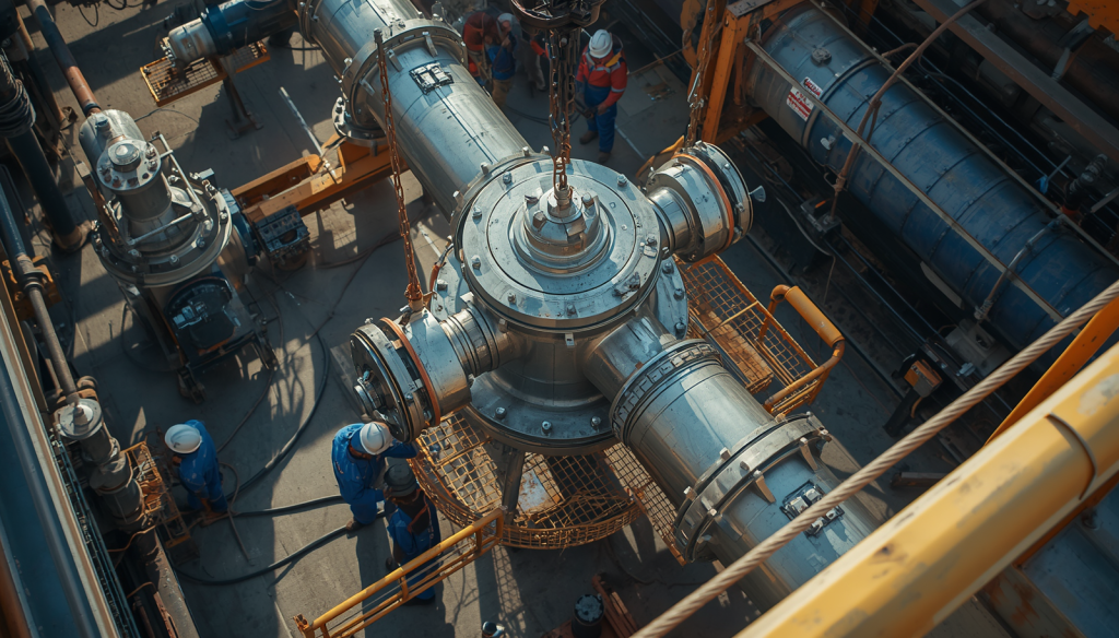 Valve installation service at oil and gas facility, workers installing large pipeline valve, onsite field service, industrial construction photography (1)