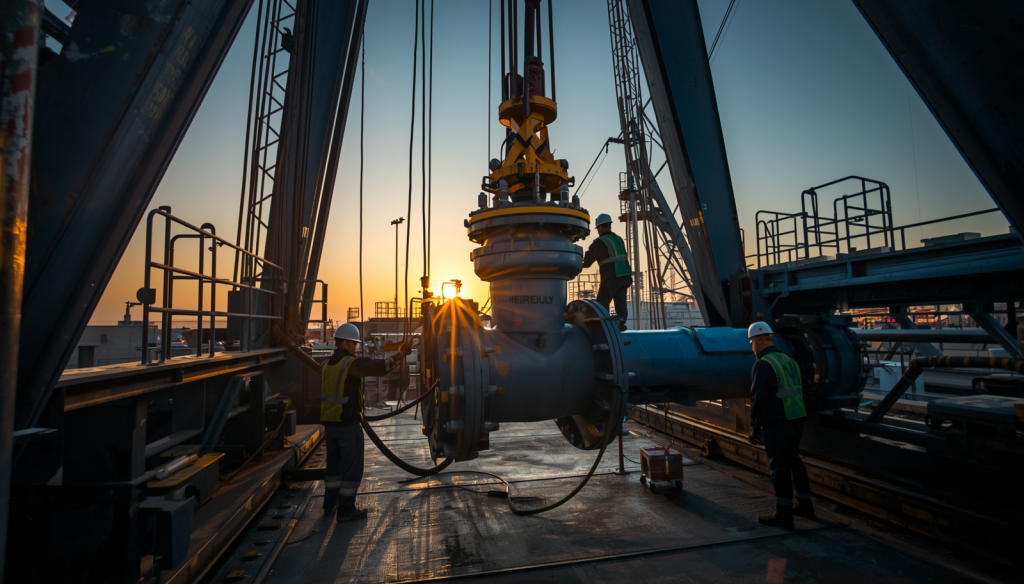 Valve installation service at oil and gas facility, workers installing large pipeline valve, onsite field service, industrial construction photography