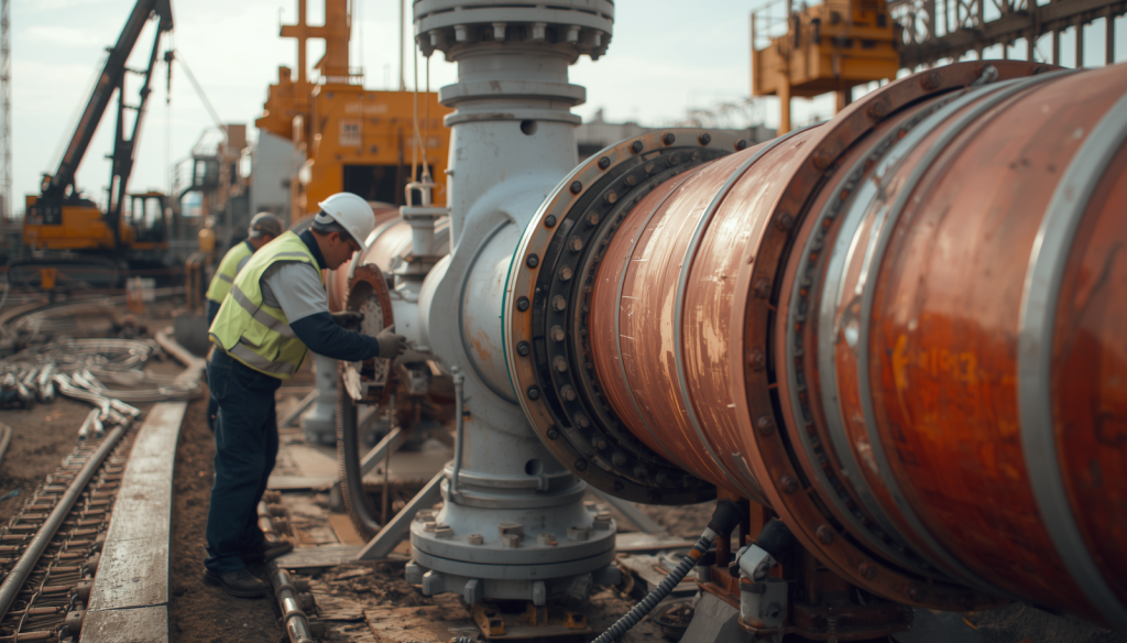 Valve installation service at oil and gas facility, workers installing large pipeline valve, onsite field service, industrial construction photography (2)