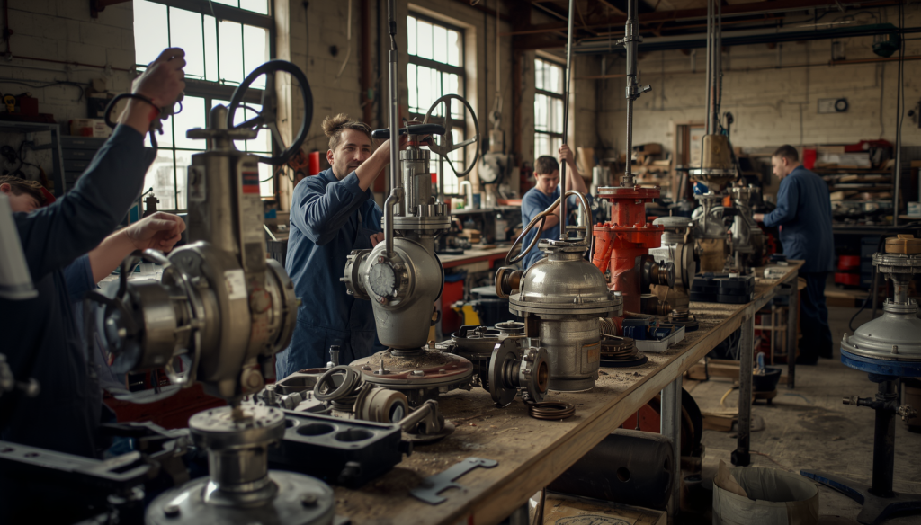 Valve repair workshop, technicians refurbishing and overhauling industrial valves, valve parts and components on workbench, professional service center photography (1)
