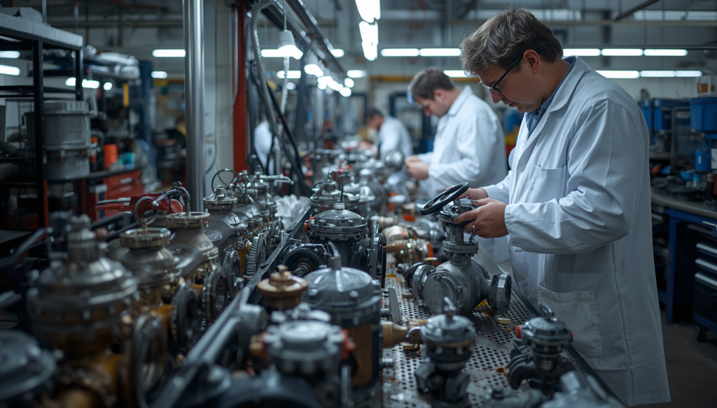 Valve repair workshop, technicians refurbishing and overhauling industrial valves, valve parts and components on workbench, professional service center photography