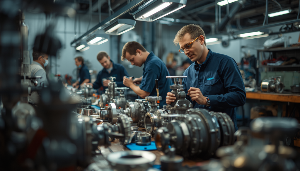 Valve repair workshop, technicians refurbishing and overhauling industrial valves, valve parts and components on workbench, professional service center photography (2)